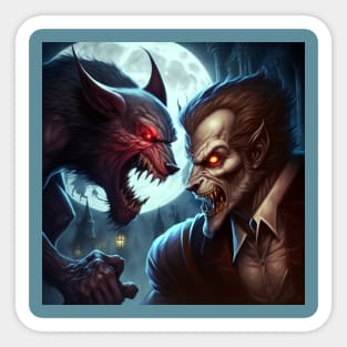 Close up of a cartoon image of a vampire vs. a werewolf fight at full moon. Sticker